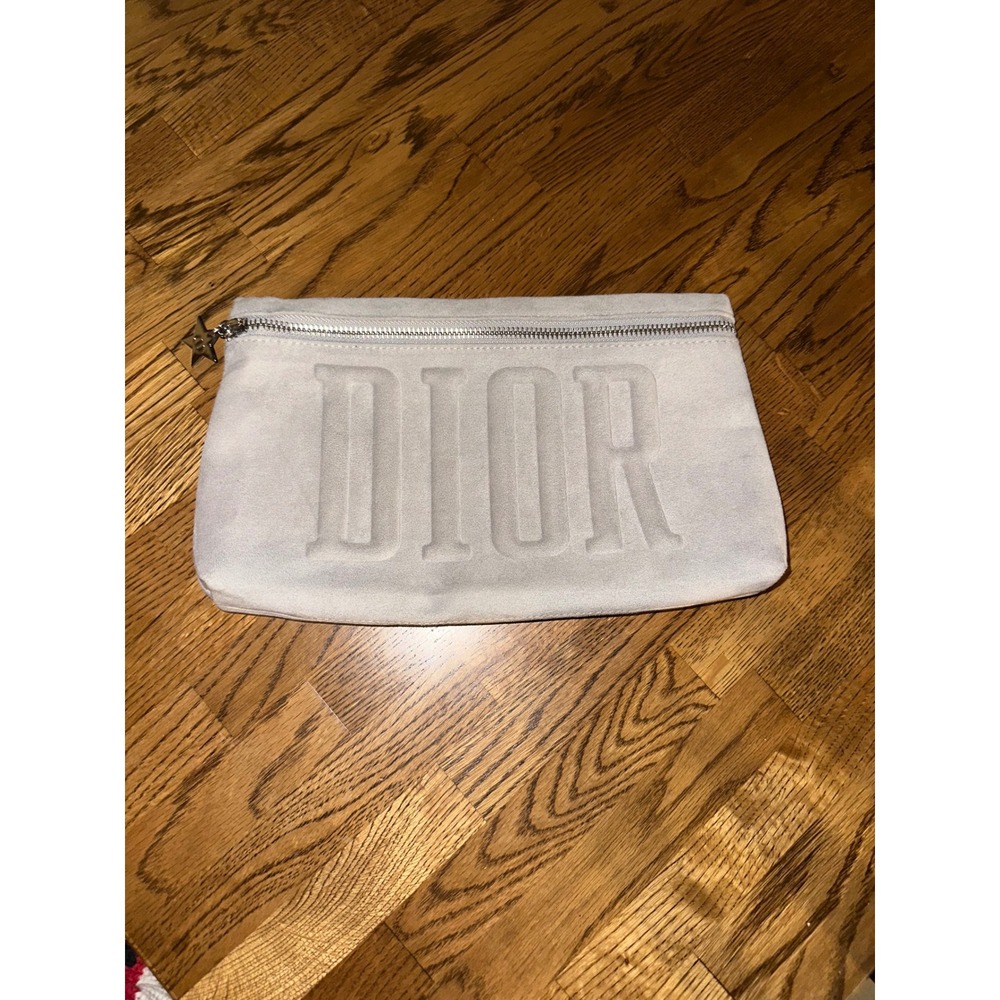Christian Dior Parfums Grey Faux Suede Embossed Logo Cosmetic Pouch Star Charm